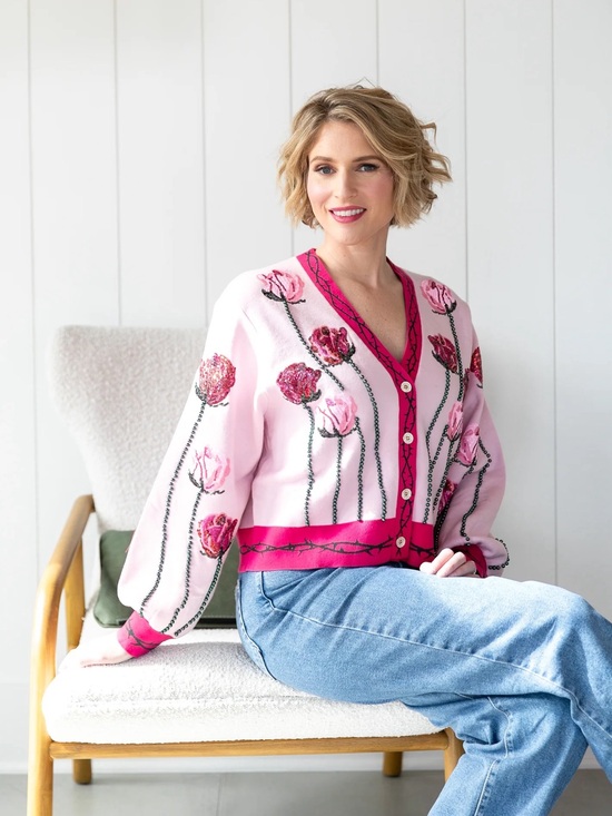 QUEEN OF SPARKLES Sweaters - QUEEN OF SPARKLES Long Stem Roses Pink Floral Button Cardigan